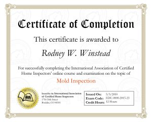 Certificate of Completion- Mold Inspection in Frederick MD